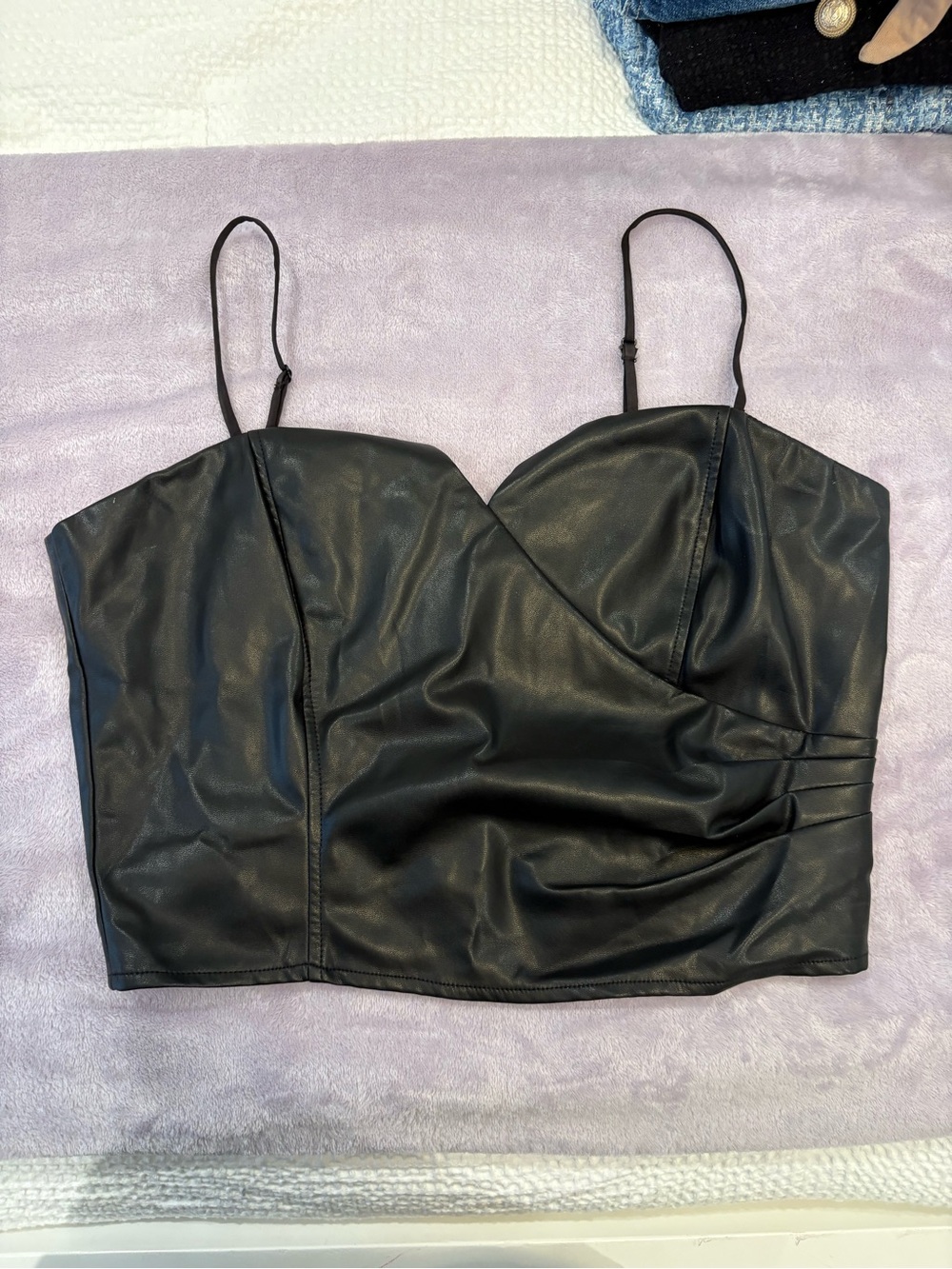 Lucy Paris Black Faux Leather Spaghetti Strap Crop Top